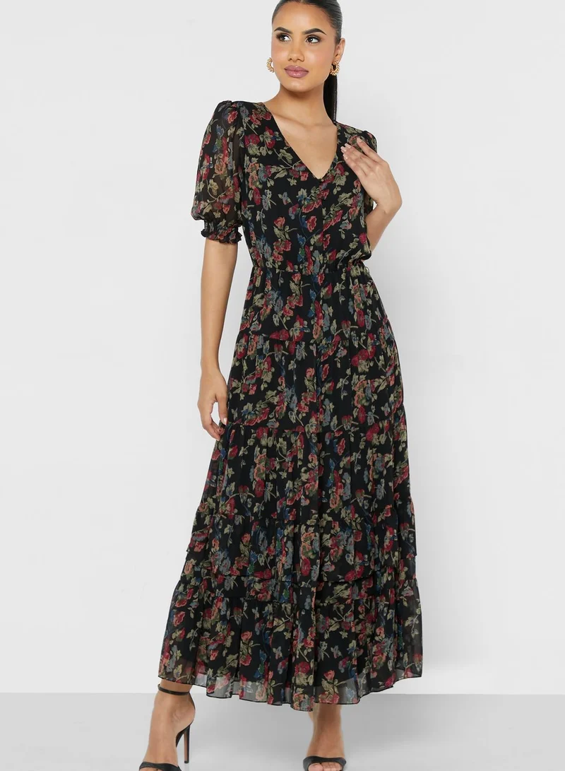 Lauren Ralph Lauren Floral Print Ruffle Detail Balloon Sleeve Dress