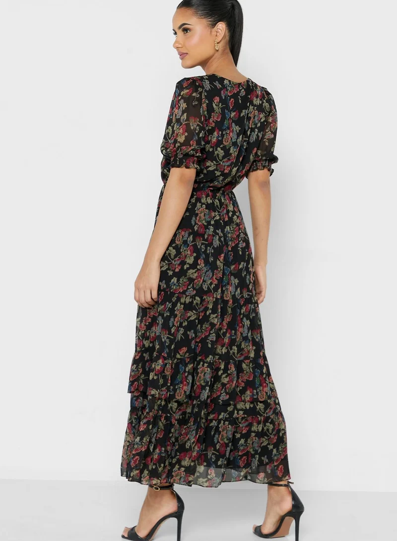 Lauren Ralph Lauren Floral Print Ruffle Detail Balloon Sleeve Dress