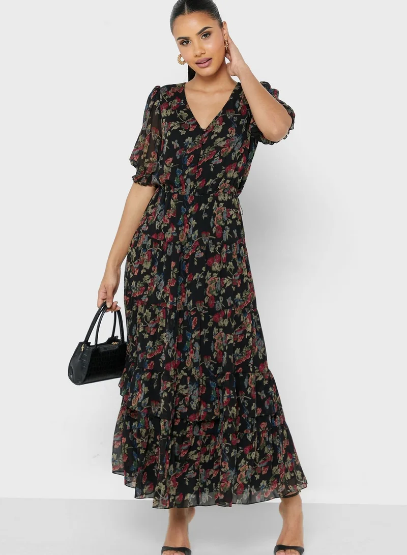 Lauren Ralph Lauren Floral Print Ruffle Detail Balloon Sleeve Dress