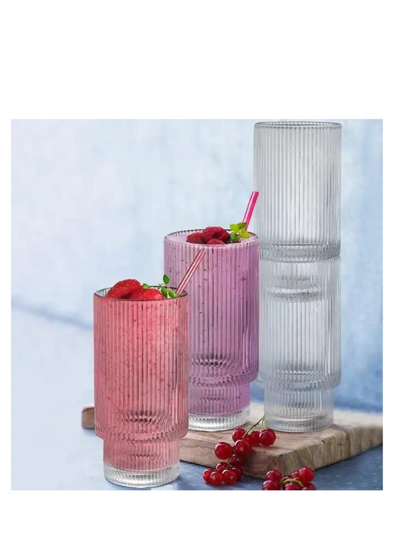 1Chase - Borosilicate Ribbed Drinking Glasses with Glass Straws and Bamboo Lid 450 ML ,Set of 4. - Image 1