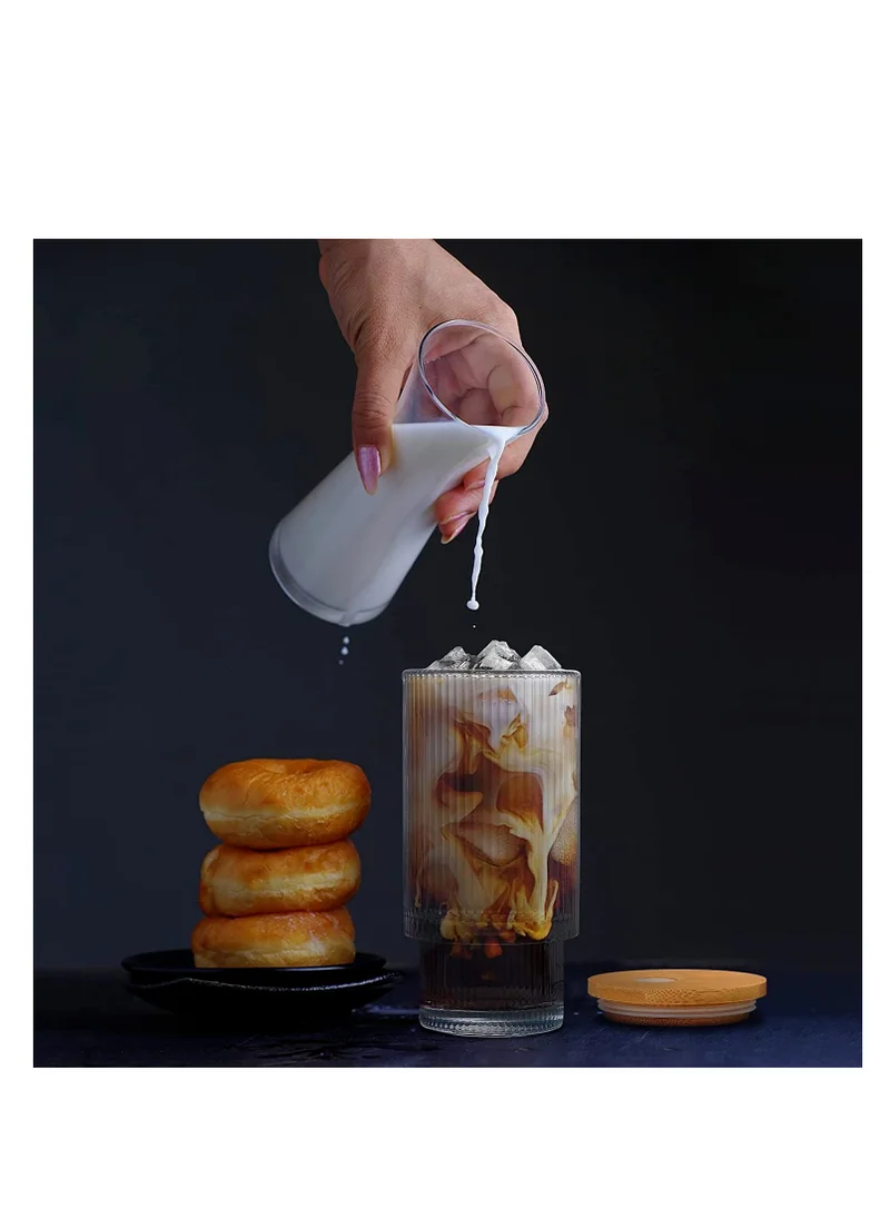 1Chase Borosilicate Ribbed Drinking Glasses with Glass Straws and Bamboo Lid 450 ML ,Set of 4.