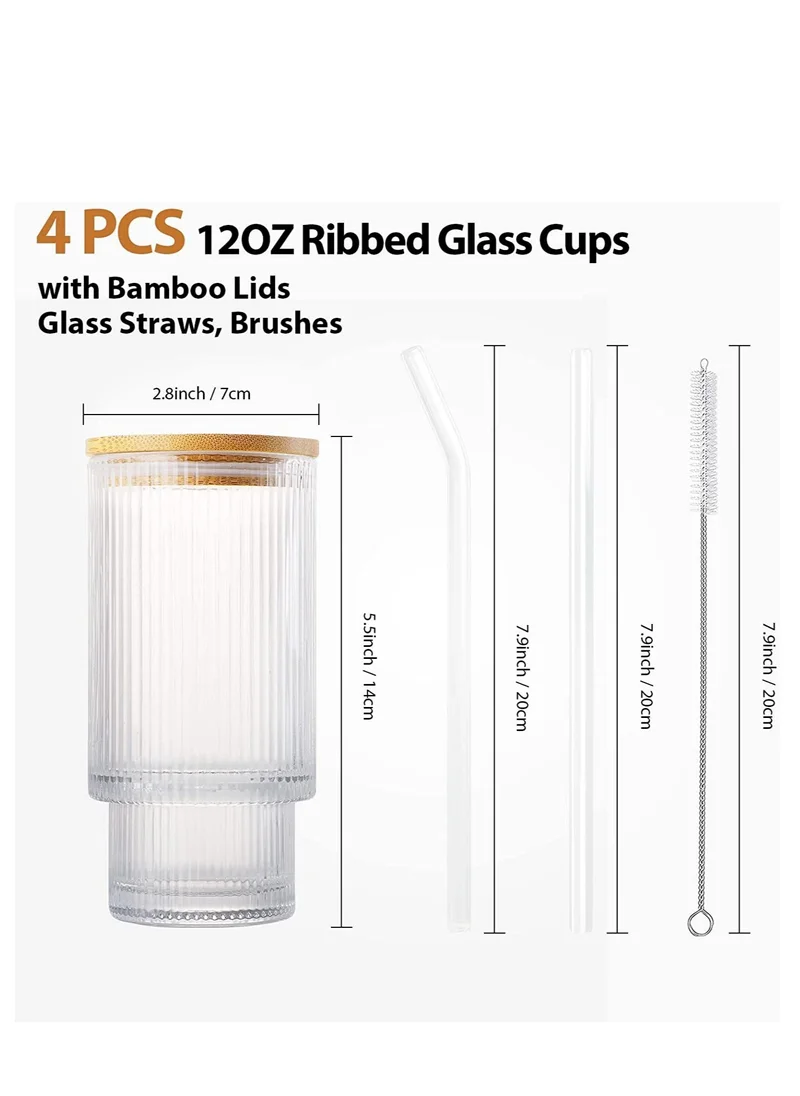 1Chase Borosilicate Ribbed Drinking Glasses with Glass Straws and Bamboo Lid 450 ML ,Set of 4.