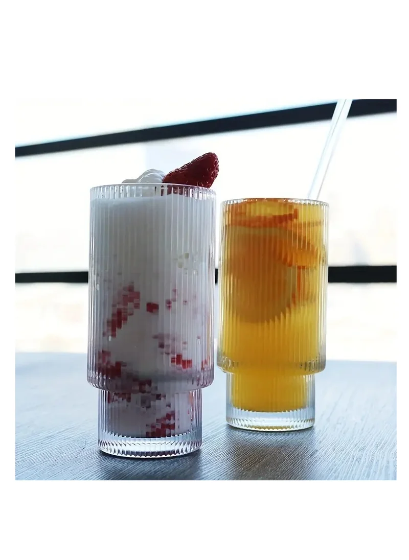 1Chase Borosilicate Ribbed Drinking Glasses with Glass Straws and Bamboo Lid 450 ML ,Set of 4.