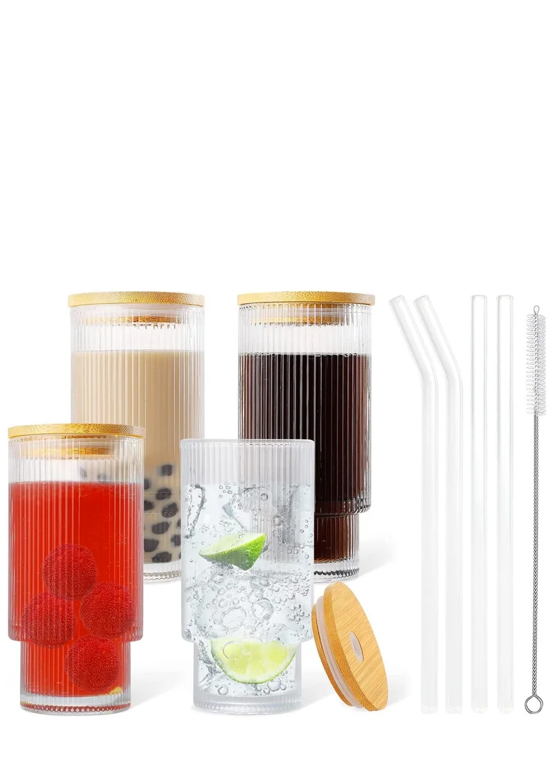 1Chase Borosilicate Ribbed Drinking Glasses with Glass Straws and Bamboo Lid 450 ML ,Set of 4.