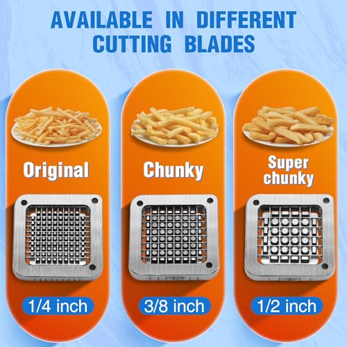 FSUON French Fry Cutter for Potatoes, Potato Cutter with 1/4 Inch Shoestring, 3/8 Inch Regular, 1/2 Inch Thick-cut Stainless Steel Blades - Image 3