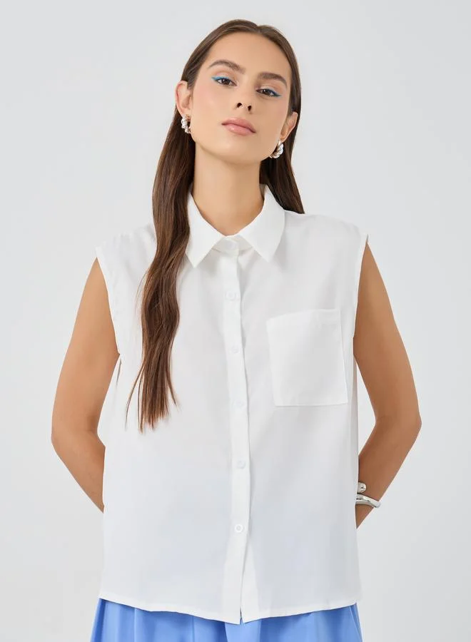 تايك تو Take Two Solid Regular Fit Sleeveless Spread Collar Shirt