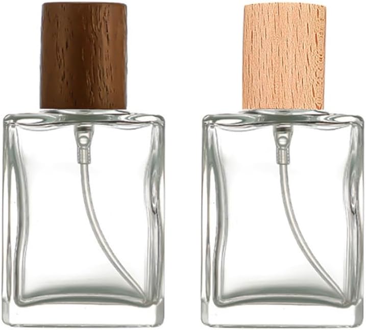 ASTRQLE 2 Pcs 30ml 1oz Refillable Glass Spray Perfume Bottles Perfume Cologne Dispenser Glass Spray Cosmetic Replacement Bottle Clear Fine Mist Sprayer Bottle with Wood Lid for Home and Travel