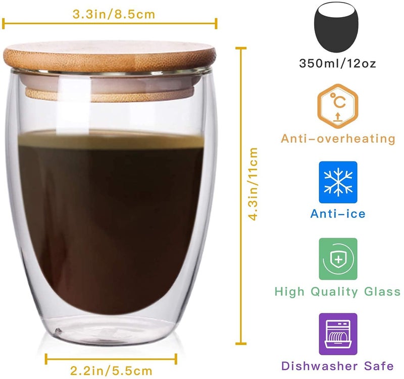 P-PLUS INTERNATIONAL Clear Coffee Mugs Set of 1, Glass for Coffee, Double Wall Insulated Glass Mugs with Big Handle and Lid 350 ml (Pack of 1) - Image 2