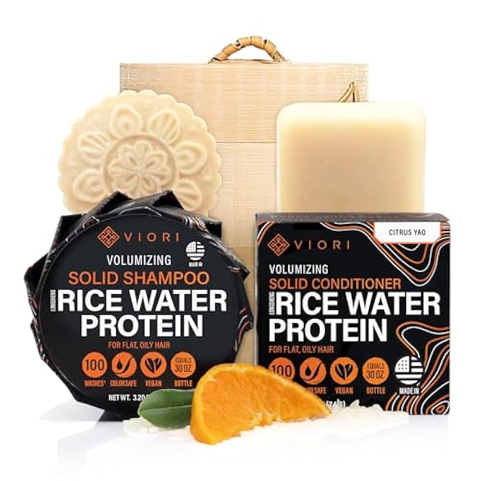 Viori The Foundation Bundle - Citrus Yao Shampoo and Conditioner Set with Bamboo Holder - Rice Water Shampoo Bar and Conditioner Bar - Sulfate-Free, Vegan and Organic - Best for Normal to Oily Hair - Image 1