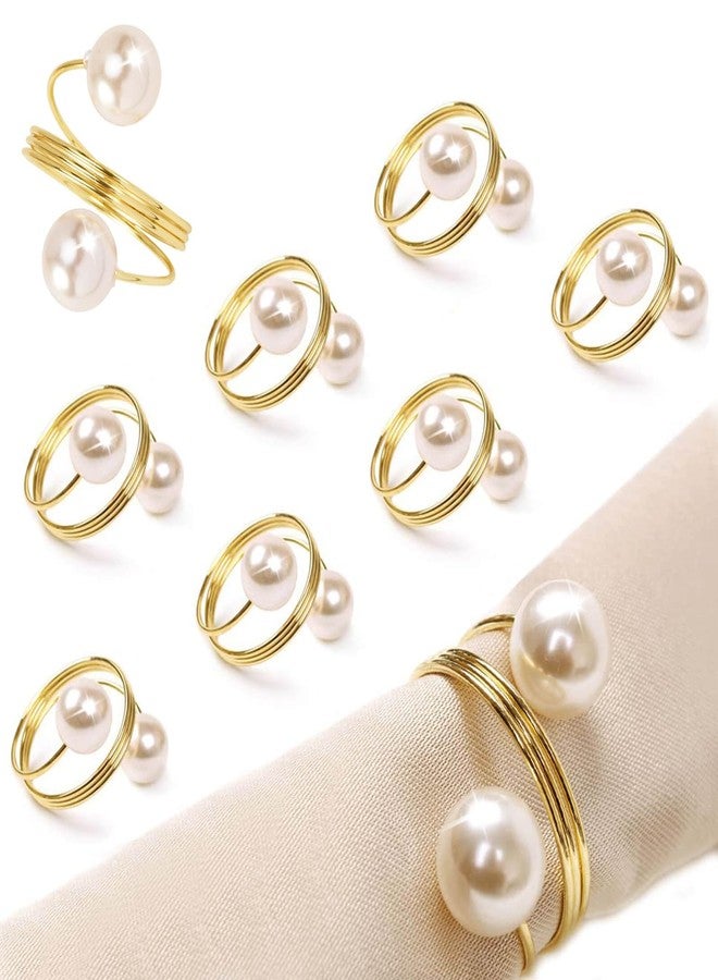 CUNGLIN Pearl Gold Napkin Rings Set of 8, Round Metal Napkin Holders Buckles for Wedding Dinner Party Kitchen Table Setting Birthday Christmas Decorations - Image 1