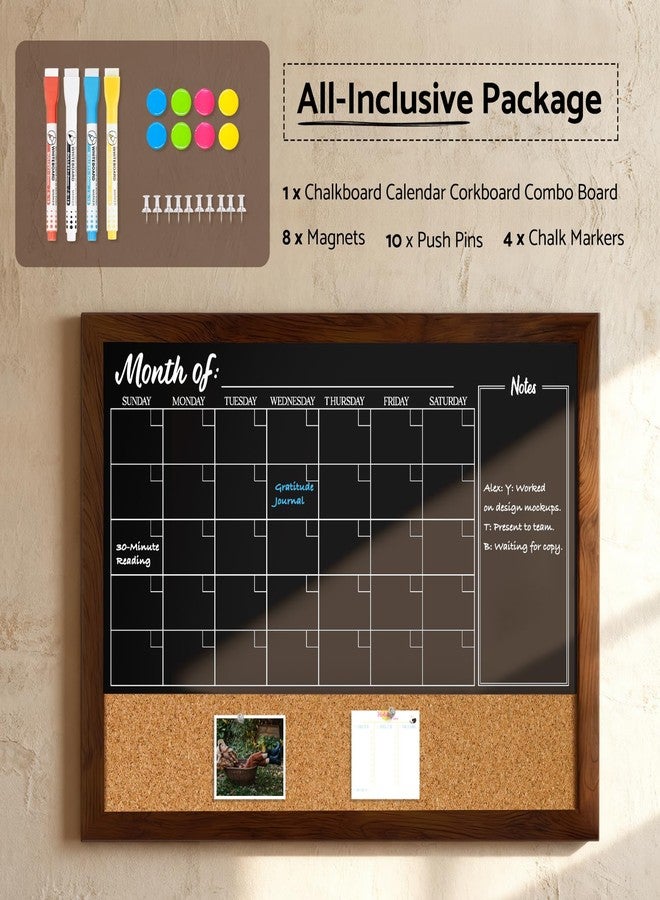 DOLLAR BOSS Chalkboard Calendar Corkboard Combo, 24" x 18" Magnetic Chalk Board Monthly Planner & Natural Cork Bulletin Rustic Wood Frame for Office Home School with 4 Markers, 8 Magnets, 10 Pins - Image 3