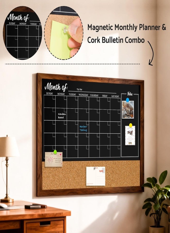 DOLLAR BOSS Chalkboard Calendar Corkboard Combo, 24" x 18" Magnetic Chalk Board Monthly Planner & Natural Cork Bulletin Rustic Wood Frame for Office Home School with 4 Markers, 8 Magnets, 10 Pins - Image 2
