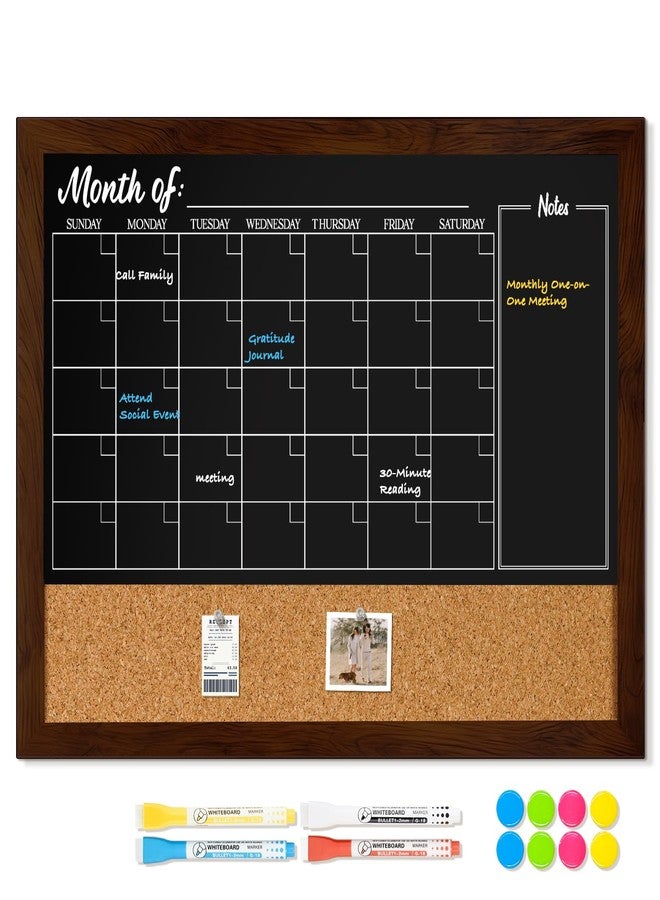 DOLLAR BOSS Chalkboard Calendar Corkboard Combo, 24" x 18" Magnetic Chalk Board Monthly Planner & Natural Cork Bulletin Rustic Wood Frame for Office Home School with 4 Markers, 8 Magnets, 10 Pins - Image 1