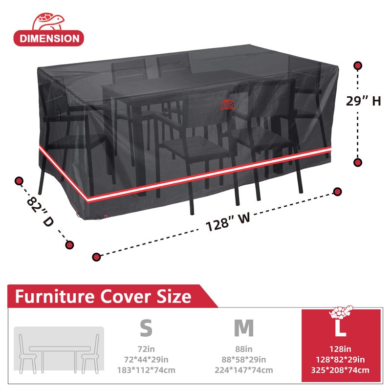 Turtle Life Patio Furniture Sets Cover, Heavy Duty Rectangular Durable Waterproof Outdoor UV Resistant Anti-Fading Dining Table Chairs Furniture Cover, Black, 128"L x 82"W x 29"H - Image 2