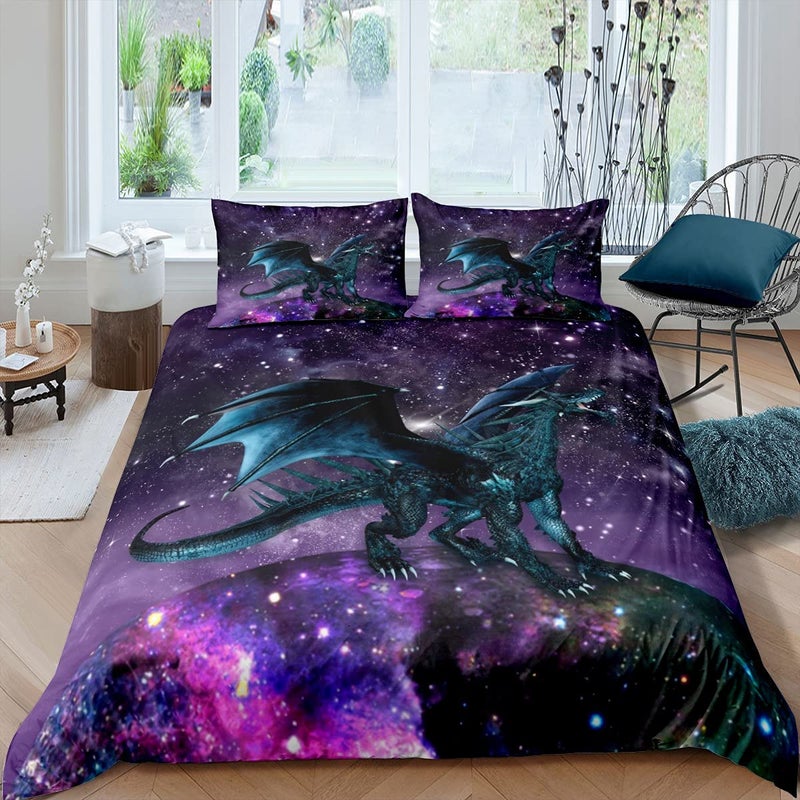 Erosebridal Dragon Bedding Set Purple Nebula Duvet Cover Set Twin Size Mysterious Outer Space Comforter Cover Trippy Bedding Set For Kids Boys Girls Teens Room Decor Safari Wildlife Animals Quilt Cover 