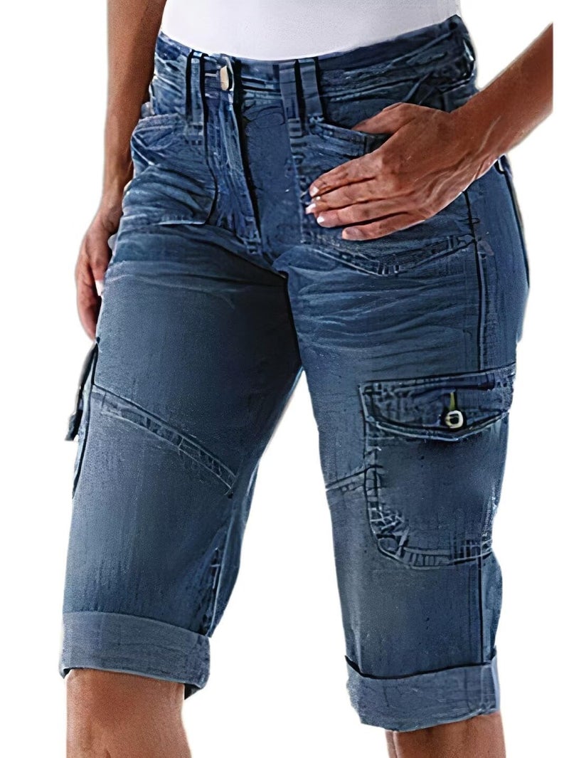 Flamingals Women's Bermuda Denim Straight Leg Shorts with Flap Pockets Mid Waist Casual Shorts Roll Hem Denim Blue M - Image 2