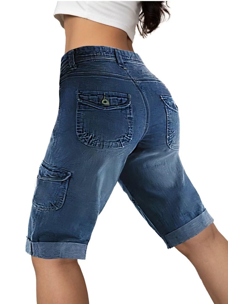 Flamingals Women's Bermuda Denim Straight Leg Shorts with Flap Pockets Mid Waist Casual Shorts Roll Hem Denim Blue M - Image 1