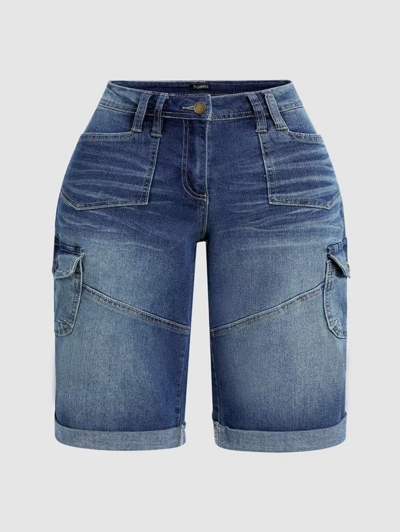 Flamingals Women's Bermuda Denim Straight Leg Shorts with Flap Pockets Mid Waist Casual Shorts Roll Hem Denim Blue M - Image 5