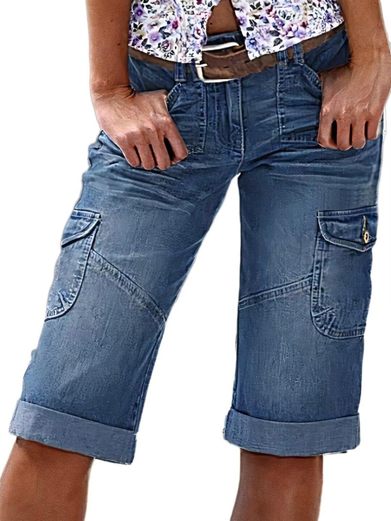 Flamingals Women's Bermuda Denim Straight Leg Shorts with Flap Pockets Mid Waist Casual Shorts Roll Hem Denim Blue M - Image 3