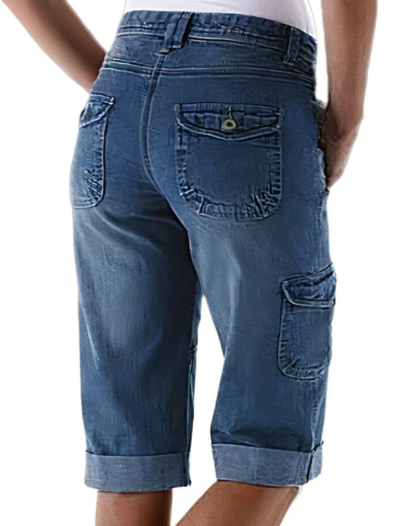 Flamingals Women's Bermuda Denim Straight Leg Shorts with Flap Pockets Mid Waist Casual Shorts Roll Hem Denim Blue M - Image 4