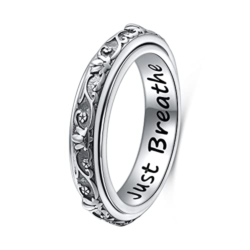 Ladytree Spinner Fidget Ring S925 Sterling Silver Lotus Flower Yoga Just Breathe Anxiety Worry Band Oxidized Stress Relieving Boredom ADHD Autism Rings for Women MenSize 10 - Image 1