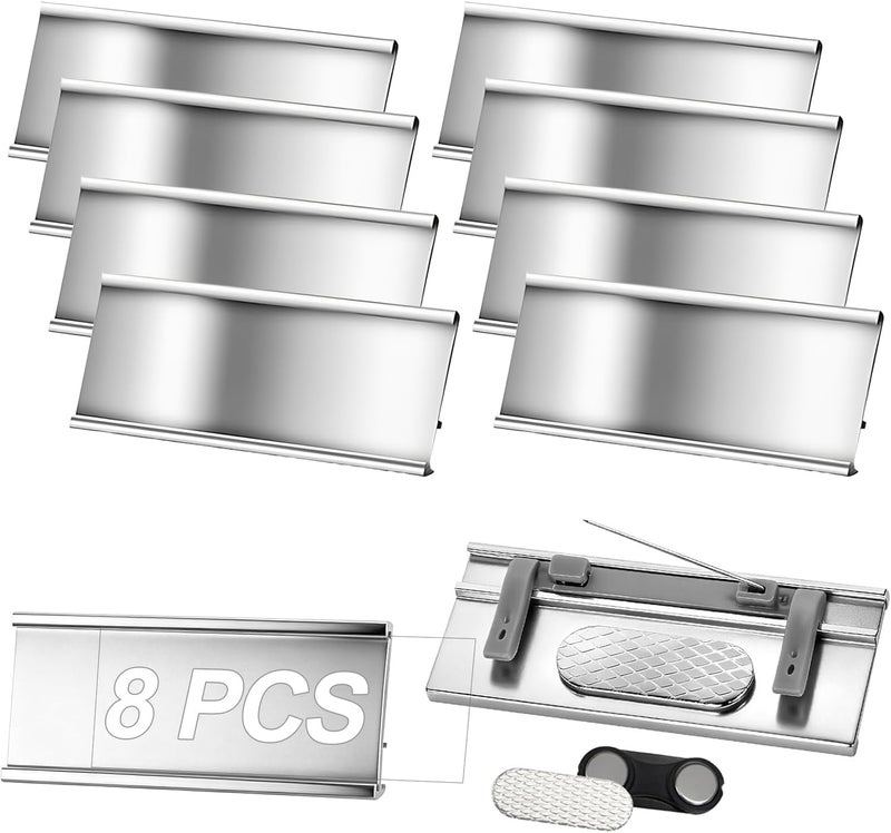 Kunoli Pack of 8 Name Tags for Clothes, Magnetic Name Badges, Versatile 3-in-1 Design, Double Magnet, Needle and Pocket Clip, Aluminium Name Tag for Work, Exhibition, School, 70 x 32 mm - Image 1