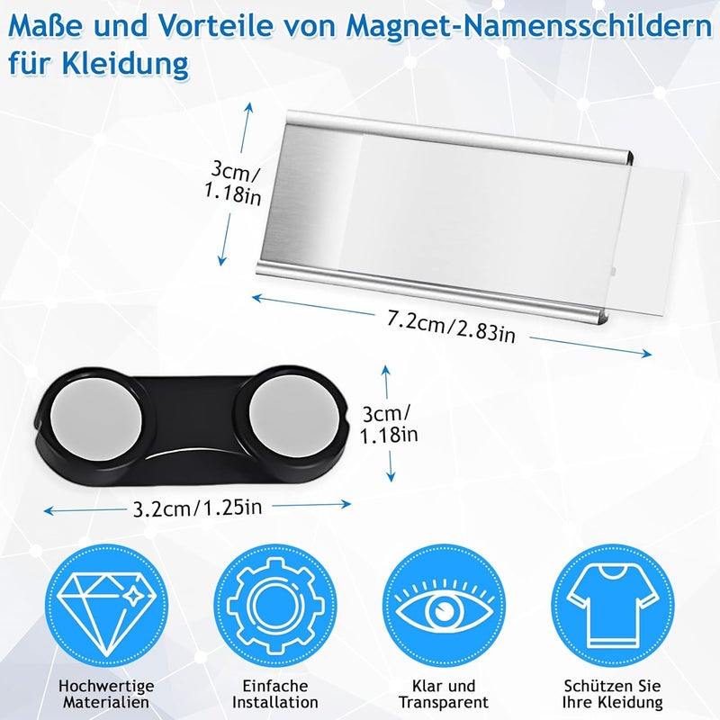 Kunoli Pack of 8 Name Tags for Clothes, Magnetic Name Badges, Versatile 3-in-1 Design, Double Magnet, Needle and Pocket Clip, Aluminium Name Tag for Work, Exhibition, School, 70 x 32 mm - Image 2