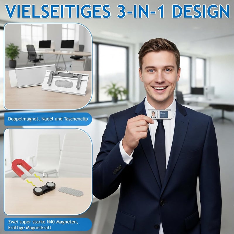 Kunoli Pack of 8 Name Tags for Clothes, Magnetic Name Badges, Versatile 3-in-1 Design, Double Magnet, Needle and Pocket Clip, Aluminium Name Tag for Work, Exhibition, School, 70 x 32 mm - Image 3