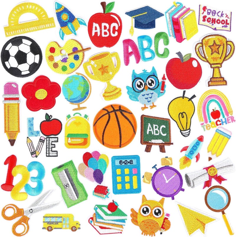 Augsun 36pcs Back to School Iron on Patches Pencil School Bus Embroidered Sew Applique Repair Patch Teacher Students DIY Crafts for Clothing Jacket Jeans Pants Dress Backpack Hat Decorations - Image 1