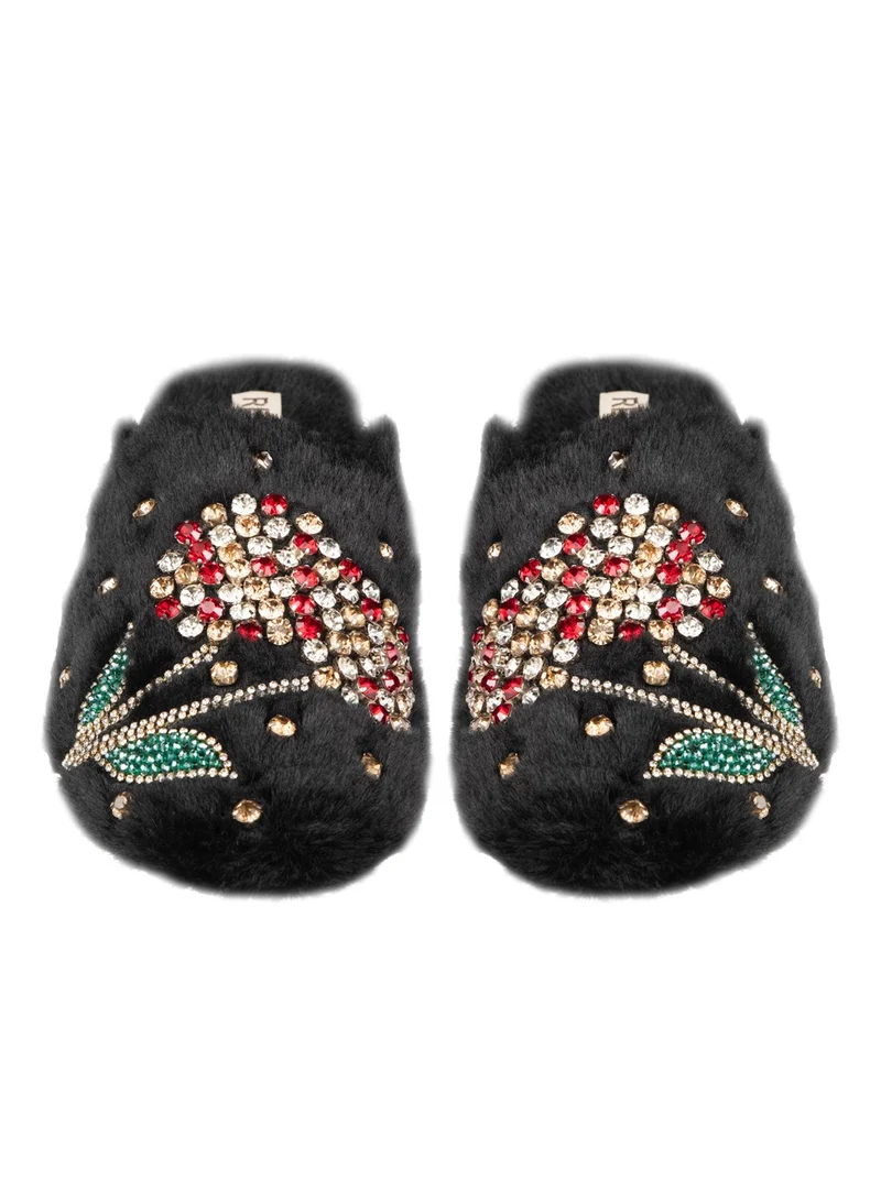 RETTROSE The Georgie Black Luxury Handmade Women’s Slippers – Full Faux Fur Front-Covered, Comfortable Rubber Sole, Diamanté Embellished