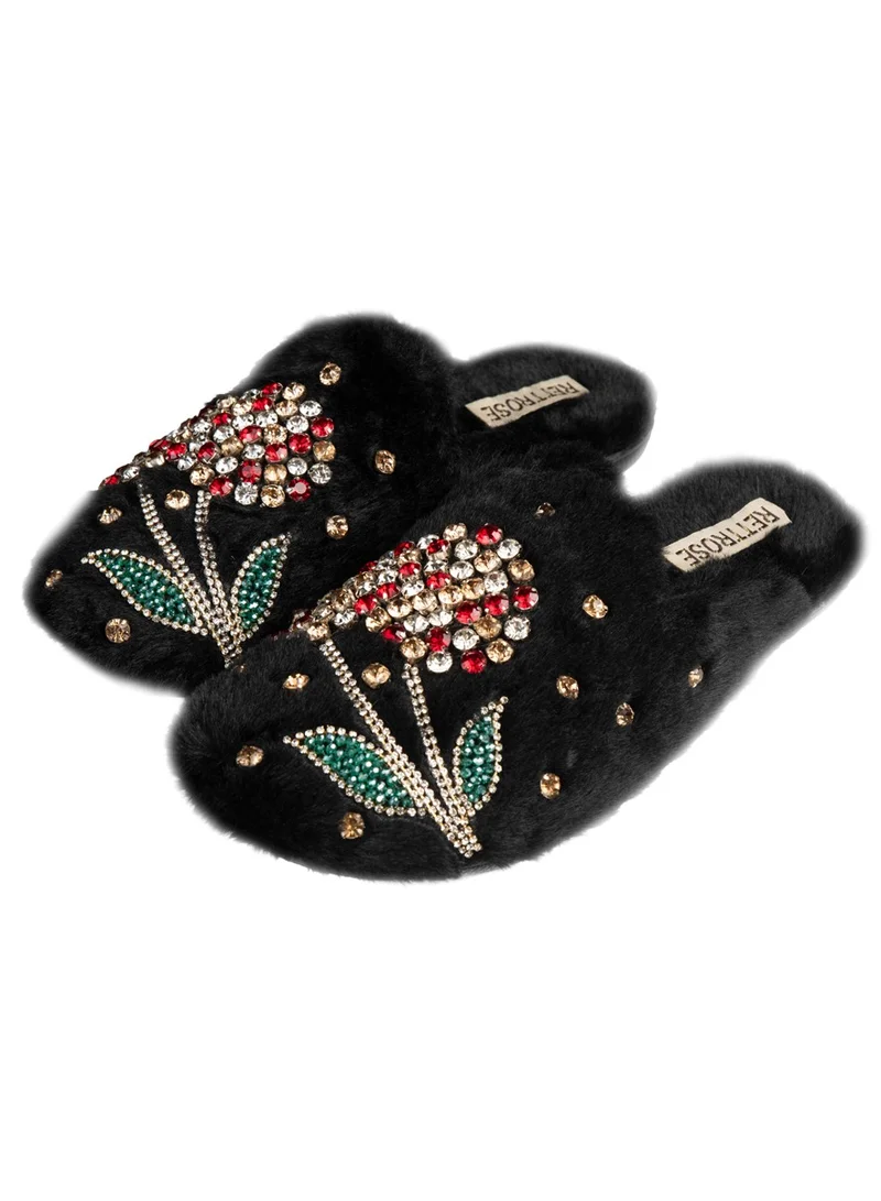 RETTROSE The Georgie Black Luxury Handmade Women’s Slippers – Full Faux Fur Front-Covered, Comfortable Rubber Sole, Diamanté Embellished