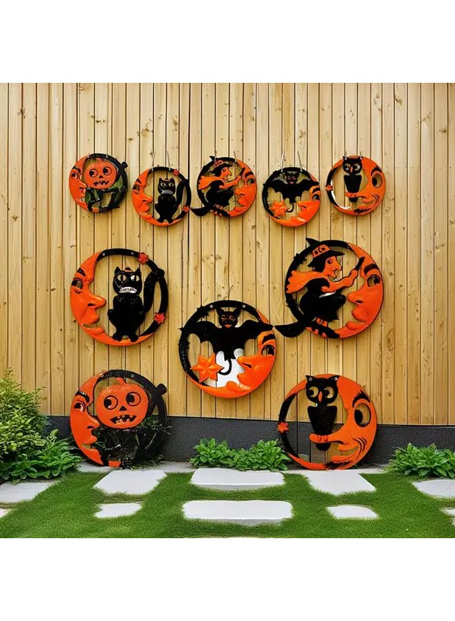 10 قطع من ديكورات الهالوين المعلقة الخشبية: خفاش، قرع، قط أسود بتصميم مسطح لإضفاء أجواء مخيفة لحفلات المنزل والجدران - Image 3