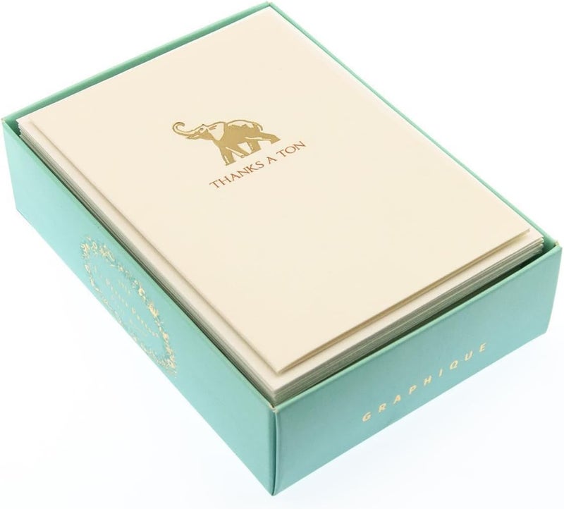 Graphique Elephant La Petite Presse Boxed Notecards - 10 Embossed and Embellished Gold Foil "Thanks a Ton" Elephant Notes with Matching Envelopes, 3.25" x 4.75 - Image 3
