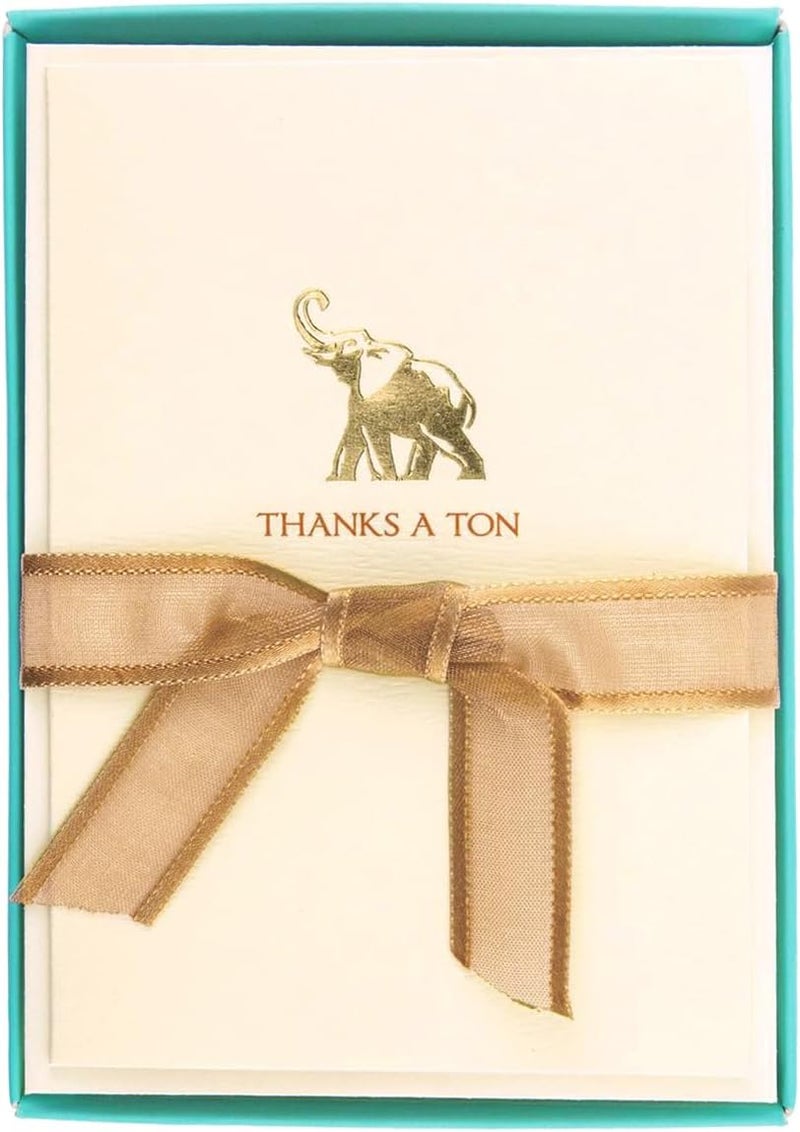 Graphique Elephant La Petite Presse Boxed Notecards - 10 Embossed and Embellished Gold Foil "Thanks a Ton" Elephant Notes with Matching Envelopes, 3.25" x 4.75 - Image 1