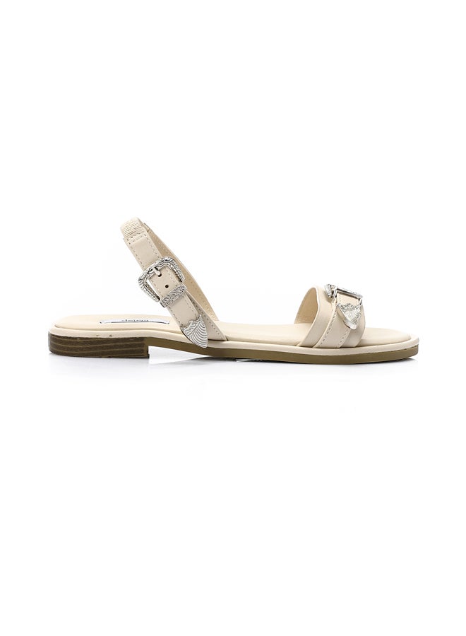 DejaVu Decorative Buckle Off White Flat Sandals  - Image 1