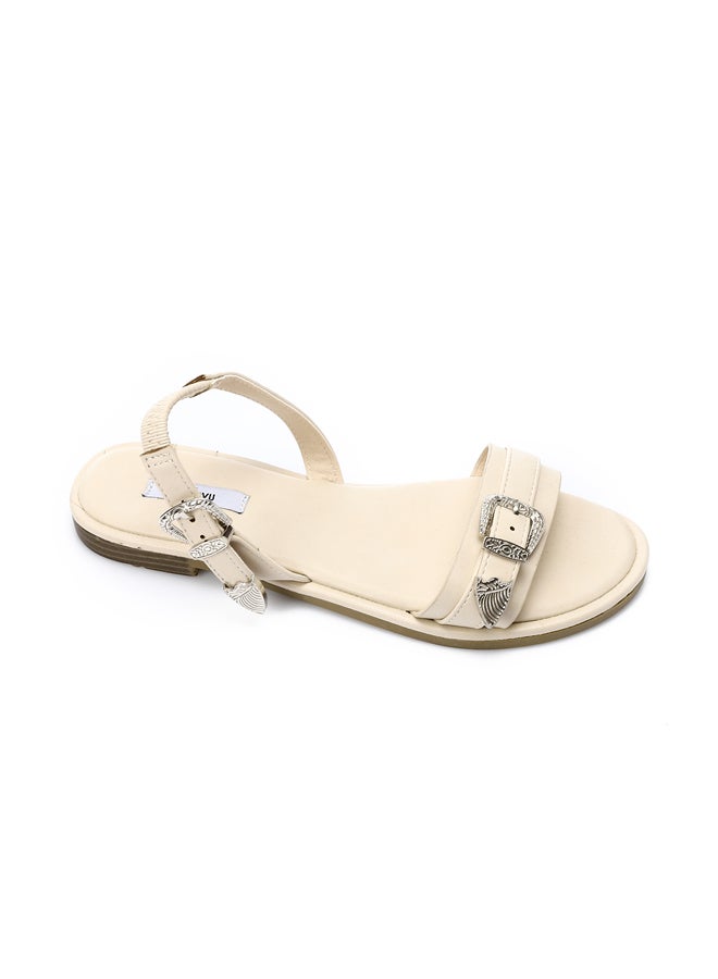 DejaVu Decorative Buckle Off White Flat Sandals  - Image 5