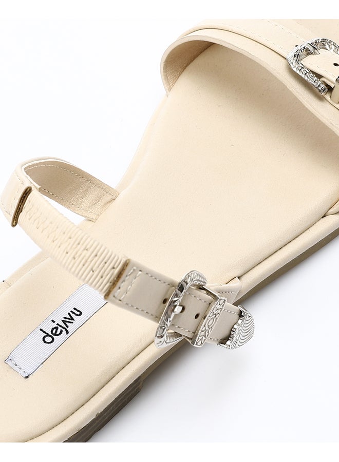 DejaVu Decorative Buckle Off White Flat Sandals  - Image 4