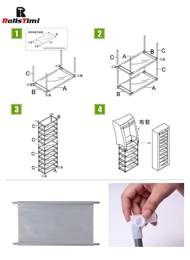 RollsTimi  10-Tier Shoe Cabinet, Canvas Shoe Rack Organizer, Shoe Storage for Living Room, Hallway, Shoe Organizer with Dustproof Cover, Grey - Image 4