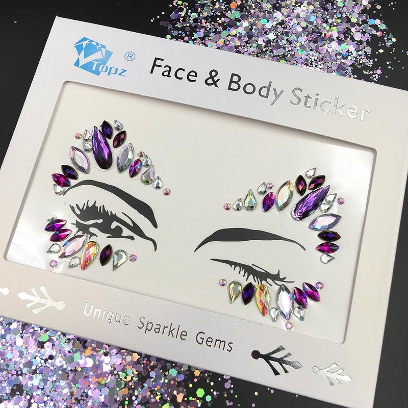 Topz Festival halloween makeup face gems sticker purple face jewels festival eyebrow Forehead black body sticker jewels Halloween Party DIY Face tattoo Sticker (Purple SR72)