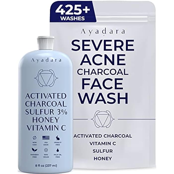 AYADARA Acne Charcoal Face Wash, 8 oz, Adult Acne Face Wash for Women & Men with Activated Charcoal, Charcoal Cleanser Face Wash Face Cleanser for All Skin Types, Facial Cleanser for Men, 425+ Uses - Image 1