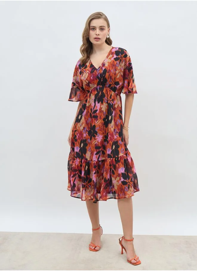 ستايلي Styli All-Over Floral Print V Neck A-Line Midi Dress