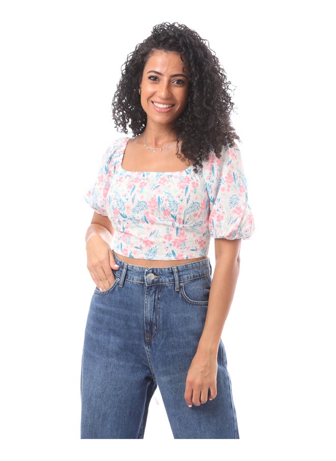 MERCH - Cropped Puffy Short Sleeve Top -White & Floral Printed - Image 1