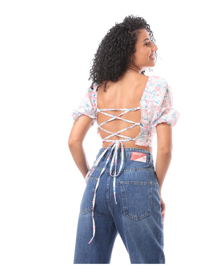 MERCH - Cropped Puffy Short Sleeve Top -White & Floral Printed - Image 1