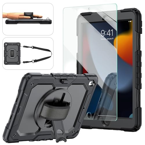 Ambison iPad 9th/8th/7th Generation Case, iPad 10.2 Case 2021/2020/2019, [Kid Proof] ambison Full Body Protective Case with 9H Tempered Glass Screen Protector, 360° Rotatable Kickstand & Hand Strap (Black) - Image 1