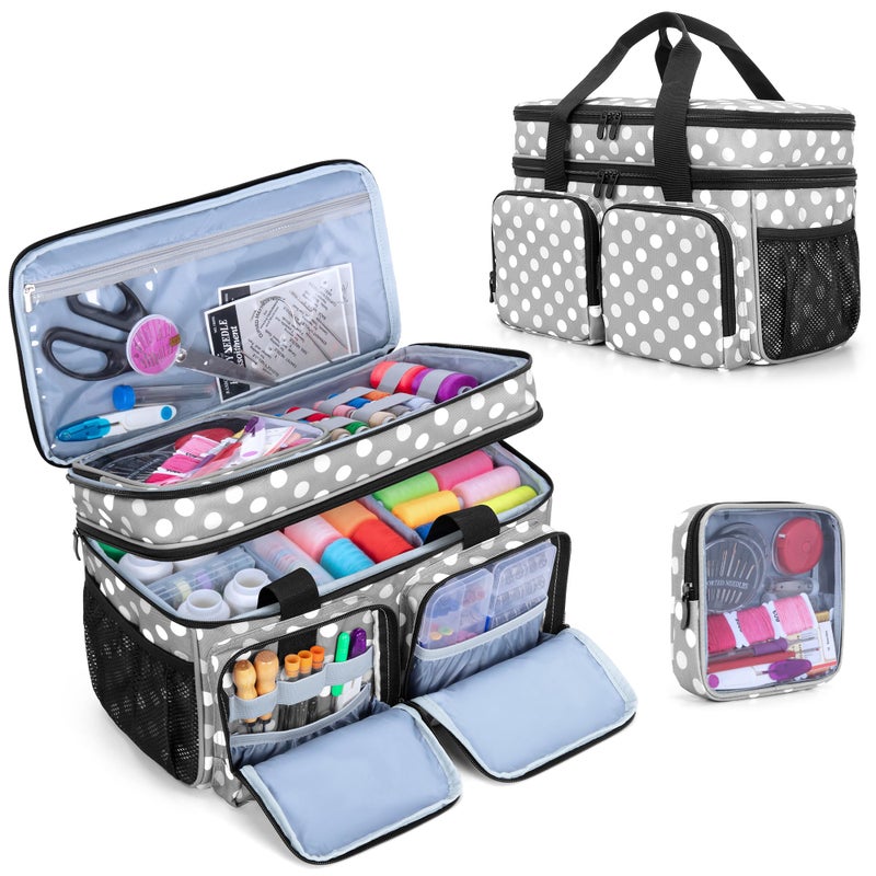 BAFASO Large Sewing Organizer Bag with an Individual Pouch and Detachable Dividers 2 Layers Sewing Storage Bag for Sewing Supplies Polka Dots