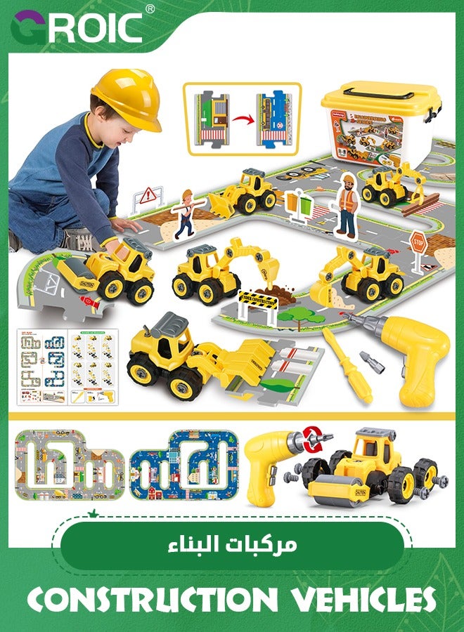 GROIC Take Apart Car Toys,DIY Engineering Construction Truck Toy Vehicle,Dump Truck,Excavator, Kids Building Educational Toy with Play Mat Road Signs,Engineering Vehicles Toys Set with Storage Box - Image 1