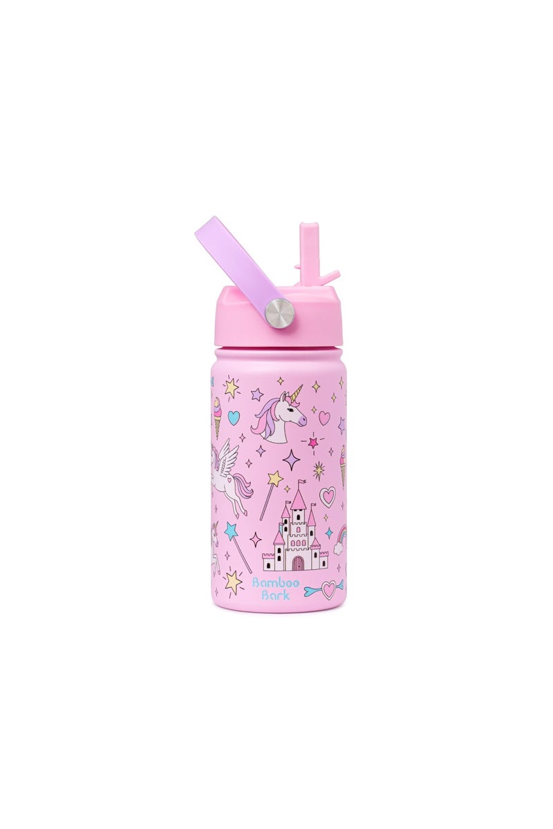Bamboo Bark Insulated Water Bottle for Kids, 400ml Stainless Steel with Straw Lid, BPA Free Leak Proof School Water Bottle for Girls & Daily Use (Unicorn Print) - Image 1