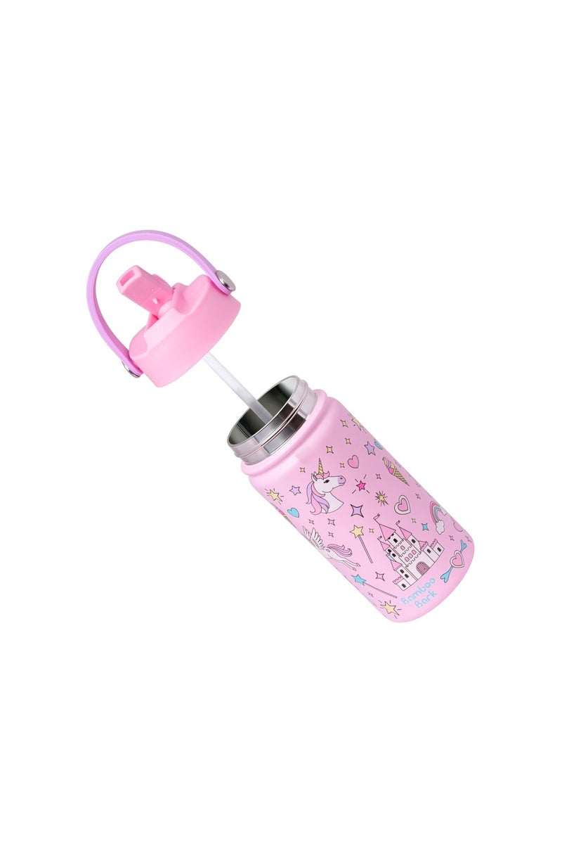 Bamboo Bark Insulated Water Bottle for Kids, 400ml Stainless Steel with Straw Lid, BPA Free Leak Proof School Water Bottle for Girls & Daily Use (Unicorn Print) - Image 2