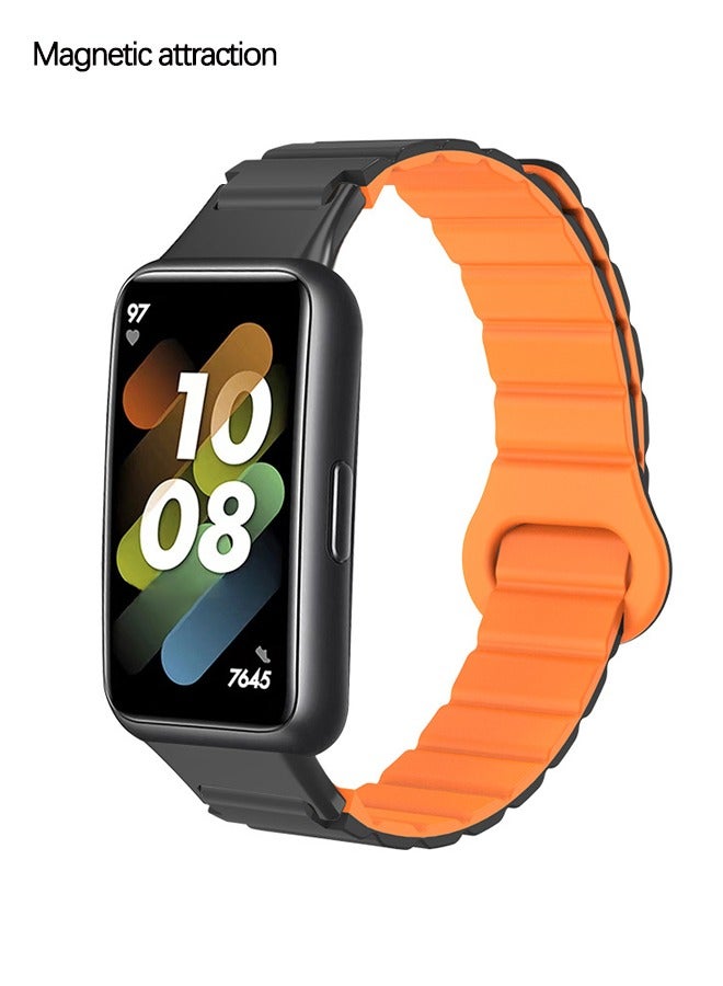 Huawei Band 9, Band 8 Silicone Watch Band Strap - TPU Waterproof  Silicone Integrated Magnetic  Watch Band Strap for Men Women Sports Watch Strap  (Black&orange color) - Image 1