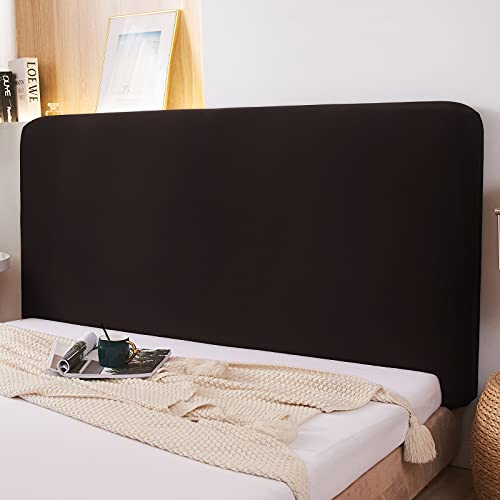 WOMACO غطاء رأس السرير القابل للتمدد من WOMACO 180 GSM قماش سميك بلون موحد غطاء واقي من الغبار لحماية السرير لتزيين غرفة النوم (بني داكن، 59-67") - Image 1